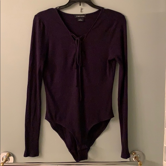 Trouve Navy Blue Rib Lace Up Long Sleeve Bodysuit - Picture 5 of 7